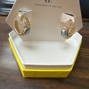 Gold-Plated Hoop Earrings with Blue Stone and Crystal Accents